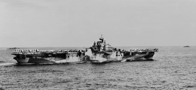 The USS Hornet, home to Crosby’s next squadron, VF-17, as shown in September 1944. After the first carrier Hornet (CV-8) was sunk in October 1942, a second flattop was named Hornet (CV-12) to carry on the heritage. 