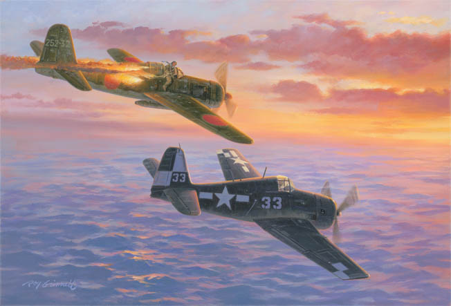 In a dramatic painting by Roy Grinnell, Lieutenant (j.g.) Willis Hardy, a member of Crosby’s VF-17 Squadron from the carrier USS Hornet, flames a Japanese kamikaze plane that was on its way to attack the American naval task force off Okinawa, April 6, 1945. The Hellcat’s distinctive “white checkerboard” markings show it belongs to the USS Hornet (CV12). 