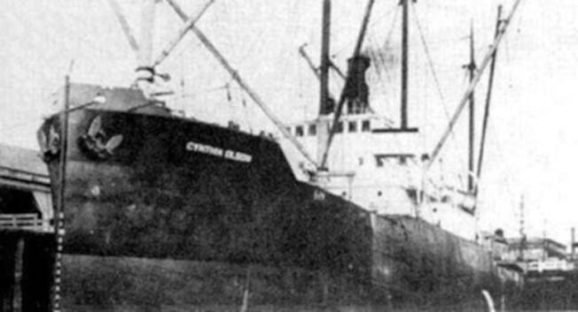 The unarmed freighter SS Cynthia Olson, attacked and sunk by a Japanese submarine between Hawaii and the U.S. West Coast on December 7, 1941. All aboard were lost.