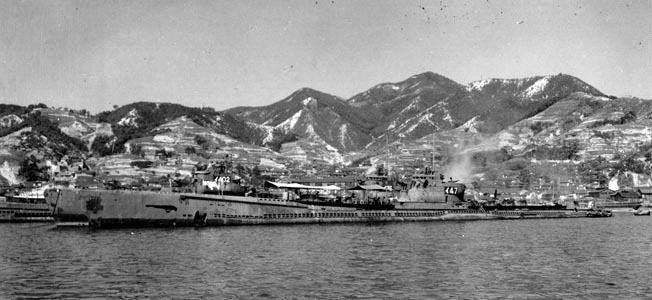 The Japanese submarine I-47, photographed at the Kure Naval Yard at war’s end, was typical of the subs that prowled the West Coast. 