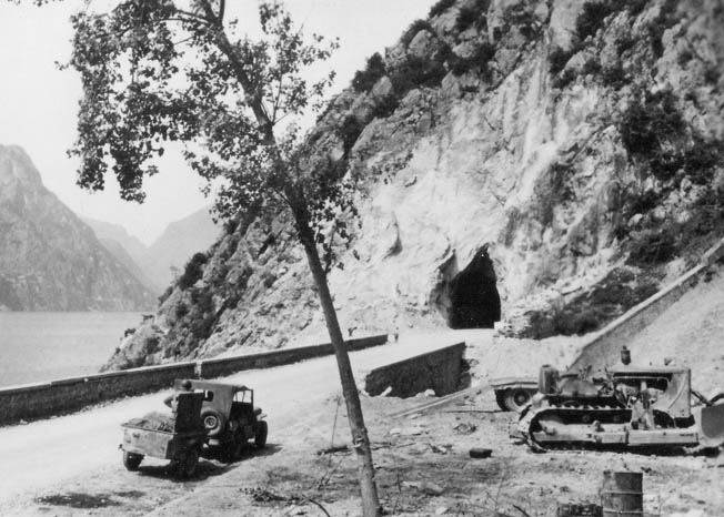 The entrance to a highway tunnel along Lake Garda’s eastern shore. Here a lucky shot by German artillery killed a number of 10th Mountain soldiers.