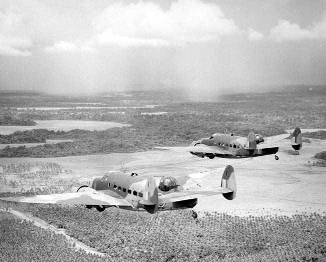Lockheed Patrol Bomber/Observation (PBO) Hudson aircraft saw widespread use around the world. These PBOs from the New Zealand Observation Group approach Henderson Field on Guadalcanal, May 1943.