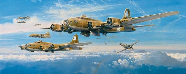 In this painting by Robert Taylor, B-17s return from the August 17, 1943, Schweinfurt raid with German Me-109s in hot pursuit. The raid cost the U.S. Eighth Air Force 60 B-17s and 600 men. Luckily for him, Larry Stevens was still in training at the time of the raid.