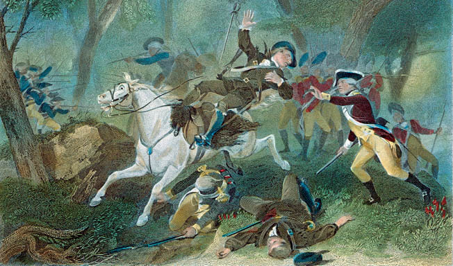 A fanciful 19th-century engraving by Alonso Chapelle depicts the death of Ferguson at the Battle of Kings Mountain.