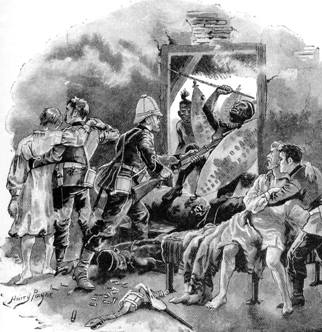 Private William Jones of the 24th Foot defends the hospital, which was under heavy attack by the Zulus. Jones received the Victoria Cross for fighting off the Zulus long enough to allow the hospital patients to be evacuated.