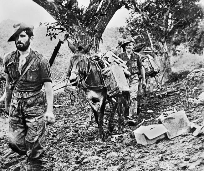 During their long-range missions behind Japanese lines, the Chindits relied on resupply by air and supplies were frequently gathered and packed aboard mules for ground transportation. This photo is a still from a film documentary on the Chindits.