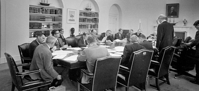 ST-A26-16-62 29 October 1962 National Security Council Executive Committee (EXCOMM) Meeting, 10:10AM [Scratching in center of negative. White spotting throughout negative. Black line in upper left corner of negative.] Please credit "Cecil Stoughton. White House Photographs. John F. Kennedy Presidential Library and Museum, Boston."