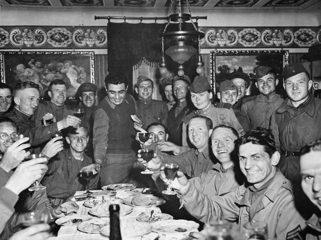 American GIs and Soviet soldiers toast the defeat of Germany. Private Sevel thought the Russians looked young but rough, and he felt that the Americans and Russians shared a camaraderie borne of combat.