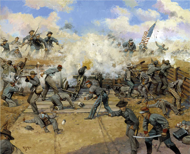 1st Lt. Francis McElroy’s gunners of the Washington Artillery fire canister pointblank into oncharging Union forces at Fort Gregg outside Petersburg on April 2, 1865. Painting by Keith Rocco.