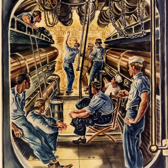 In this 1943 watercolor titled Stand By to Fire by Georges Schreiber, submarine crewmen prepare to fire torpedoes at an enemy ship. The illustration graphically shows the close quarters in which submariners lived and worked. 