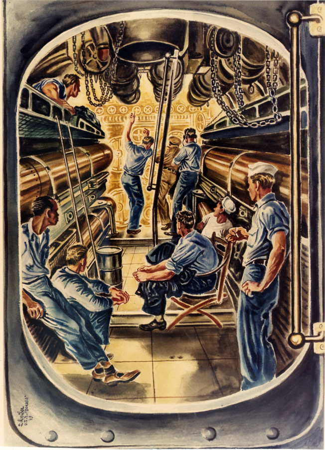 In this 1943 watercolor titled Stand By to Fire by Georges Schreiber, submarine crewmen prepare to fire torpedoes at an enemy ship. The illustration graphically shows the close quarters in which submariners lived and worked.