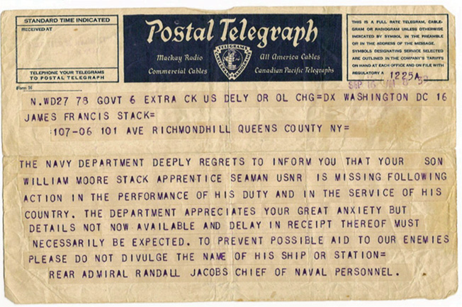 The Navy Department telegram sent to the author’s grandparents more than a month after Billy Stack died in the Quincy’s sinking. Her grandparents were frustrated by the lack of information about what happened to their son. 