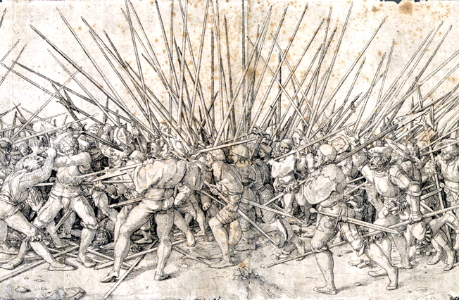Swiss and Landsknecht soldiers fight with pikes and halberds.