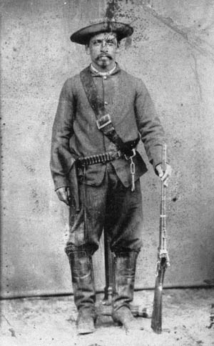 This well-armed Hispanic American soldier was a member of one of four Union cavalry units raised in Texas during the Civil War. The largest such unit, about 500 men, mustered in at New Orleans in November 1862.