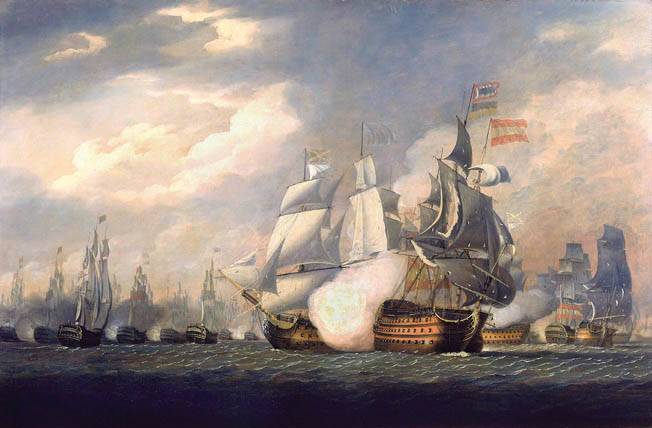 The HMS Victory fires on the Salvador del Mundo, which is partially obscured by smoke from the Victory’s broadside. Fired on by several British ships, the 112-gun, three-decker Spanish ship surrendered.