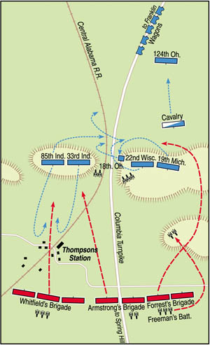 Union infantry moved dangerously into Confederate-held territory in middle Tennessee leading to a disastrous battle at Thompson’s Station.