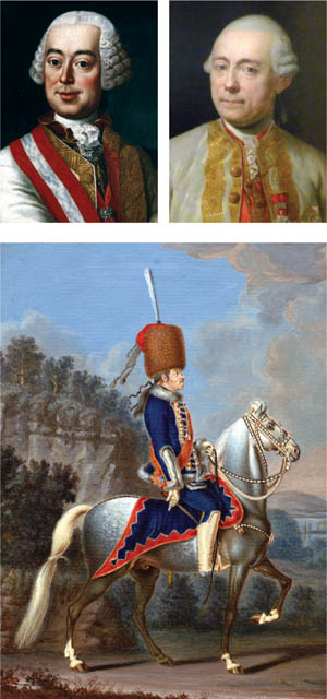 Clockwise from top left: Field Marshal Leopold Joseph Count von Daun, Lt. Gen. Franz Moritz Count von Lacy, and Prussian General Hans Joachim von Zieten.