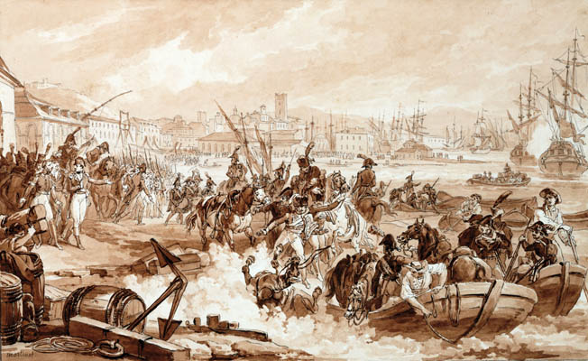 French troops embark at Toulon. Bonaparte, shown at left, played a game of cat and mouse with Rear Admiral Sir Horatio Nelson’s squadron of the British fleet in the Mediterranean Sea.