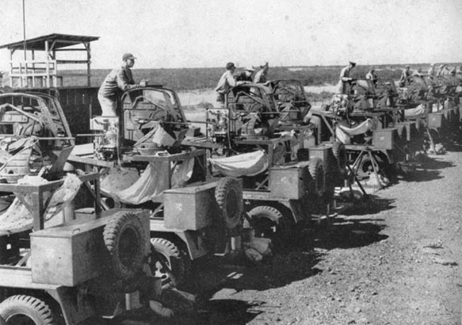 At what is today Nellis Air Force Base, Nevada, gunners train on the backs of trucks to simulate movement during flight.