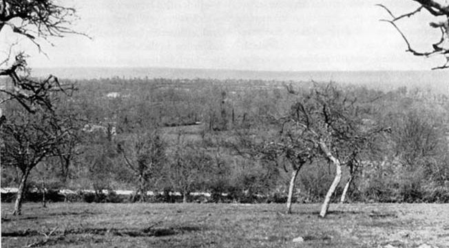 A view from the German-held orchard atop Hill 192. From this vantage point, the Germans could see any American advance toward them and call artillery and mortar fire down upon it. 