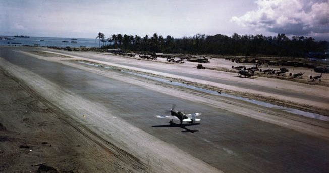 The Torokina fighter airstrip on Bougainville, one of the main objectives of the March 1944 Japanese counterattack. Note the Allied shipping in Empress Augusta Bay.