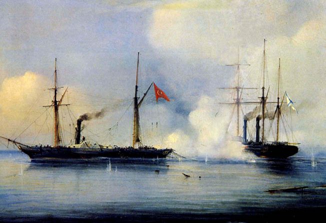 The Russian steam frigate Vladimir engages the Turkish frigate Pervaz Bahri before Sinop. The Russian Black Sea fleet preyed on Ottoman convoys supporting Turkish ground troops in the Caucasus Mountains, capturing the steamers Pervaz Bahri and Medzhir Tadzhiret in the process.