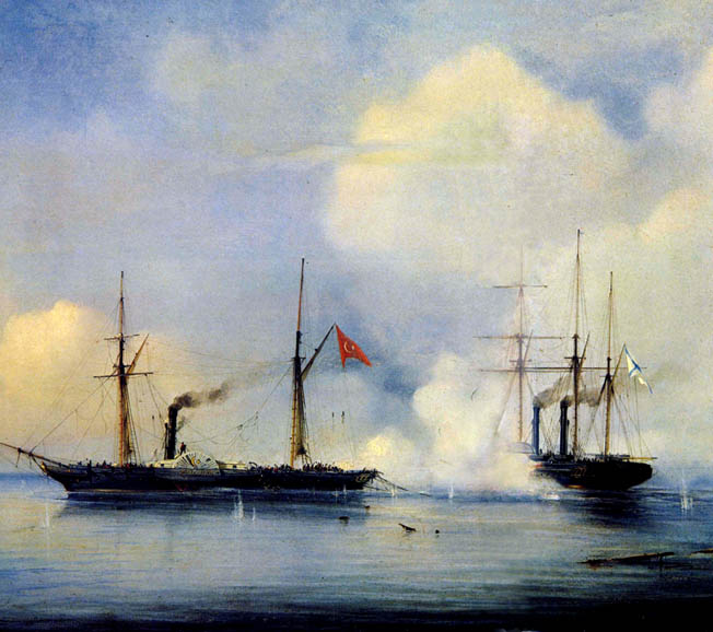 The Russian steam frigate Vladimir engages the Turkish frigate Pervaz Bahri before Sinop. The Russian Black Sea fleet preyed on Ottoman convoys supporting Turkish ground troops in the Caucasus Mountains, capturing the steamers Pervaz Bahri and Medzhir Tadzhiret in the process.