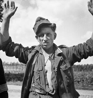 For him the war is over. A disheveled German soldier surrenders in Belgium, fall 1944. It is estimated that over four million German soldiers were taken prisoner by the Allies in World War II, although that figure may be conservative. On the whole, German POWs were treated far better by the U.S. and Britain than those captured by the Soviets.