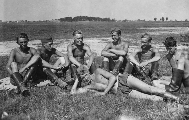 Erwin Engler (third from left) enjoys a break with RAD Reichsarbeitsdienst, or Reich Labor Service) comrades, summer 1941, before he entered the Army. 