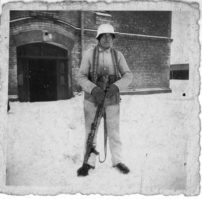 Dressed in white camouflage, Erwin Engler poses for a photo during machine-gun training at Suwalken, East Prussia (today Suwalki, Poland), winter 1942. He would soon be fighting on the Eastern Front.