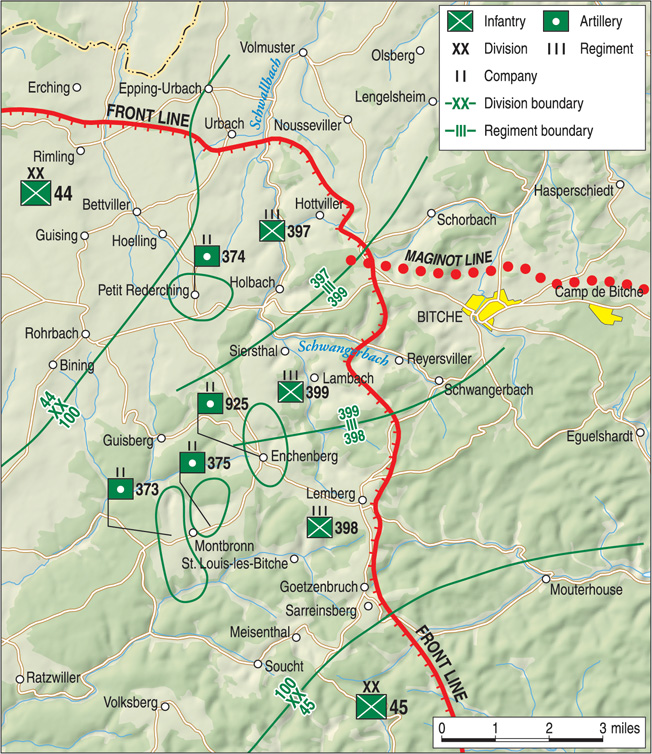 The 399th Infantry Regiment, 100th Division took part in heavy fighting at Lambach, Lemberg, and other towns near Bitche in the fall and winter of 1944-1945.