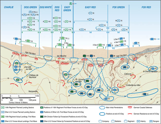 Intermingled units of the 1st and 29th Infantry Divisions were landed on the five-mile stretch of coastline codenamed Omaha Beach in the early morning hours of June 6, 1944. Severloh’s position at WN62 is marked by the yellow box on this map.