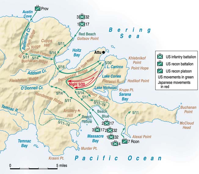  After the Japanese initially seized Attu Island, U.S. forces of the 7th Infantry Division landed to the north and south on May 11, 1943, to squeeze them out.