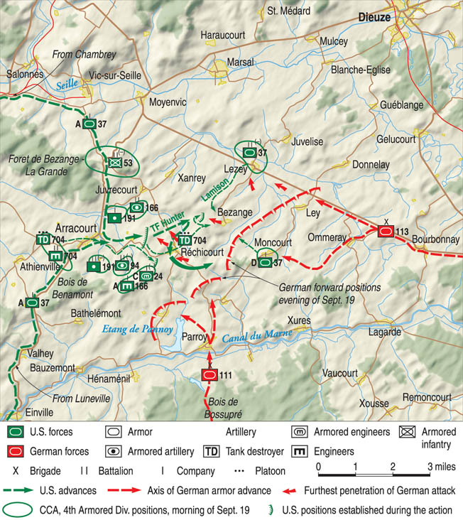 Under continued pressure from his superiors to halt Third Army’s advance, German Fifth Panzer Army commander Hasso von Manteuffel ordered Panzer Brigades 111 and 113 to launch a two-pronged attack toward the town of Arracourt on September 19. Poor reconnaissance and map reading by the Germans contributed heavily to the failure of the attack.