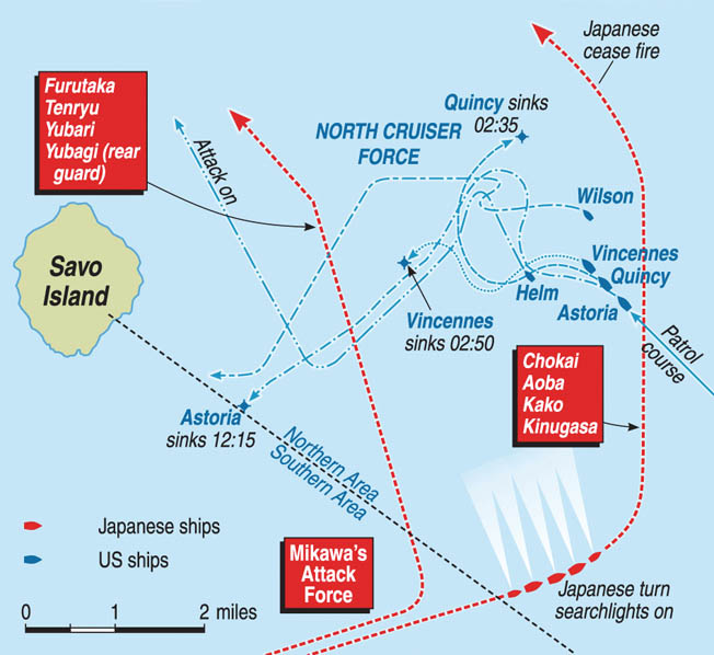 Allied cruisers and destroyers were ill prepared to take on the skilled Japanese naval squadron that attacked during the Battle of Savo Island on the night of August 8, 1942. The Allied vessels failed to utilize their radar to the fullest and were not properly positioned. 
