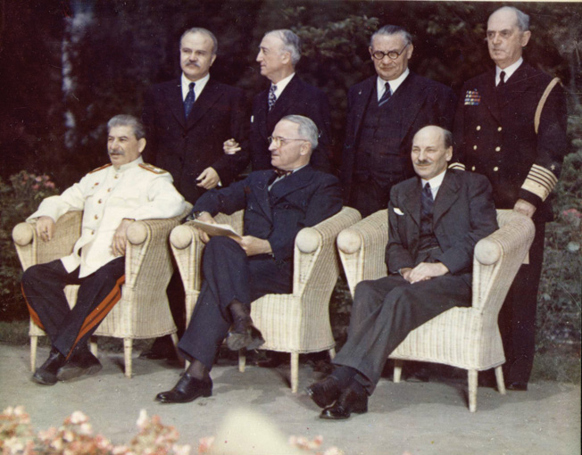 The Big Three at the Potsdam Conference in 1945 included (seated left to right) Soviet Premier Josef Stalin, U.S. President Harry Truman, and British Prime Minister Clement Attlee.