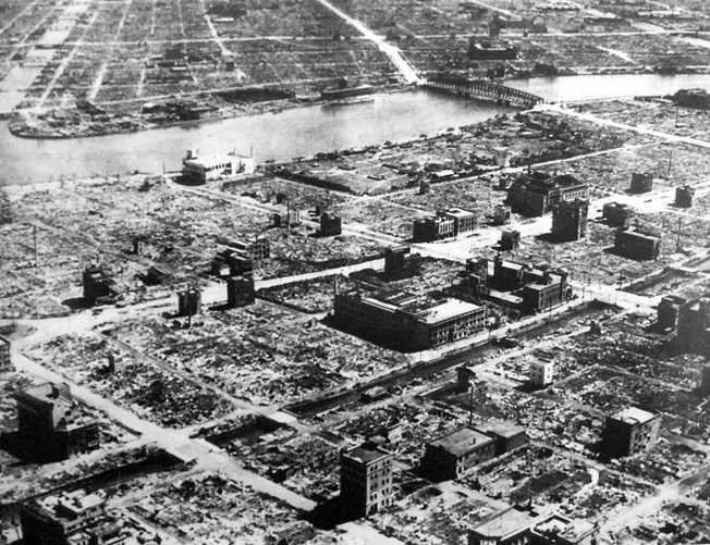 Several square miles of Tokyo were burned to the ground in the U.S. firebomb raid of March 9-10, 1945, and this photograph gives some indication of the extent of the damage to the city. 