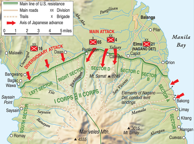 Utilizing a coordinated plan of attack, Japanese ground forces executed assaults against American and Filipino defenses on the Bataan Peninsula from three directions. Japanese artillery and aircraft joined in the offensive action, nearly achieving the shock effect of a German blitzkrieg as demonstrated in Europe.