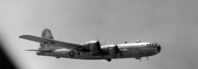 A B-29 named American Beauty heads toward Japanese targets in June 1945.