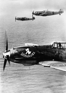 Heading for the coast of England in September 1940, a squadron of German Messerschmitt Me-109 fighters prepares to do combat with the Royal Air Force for supremacy of the air. 