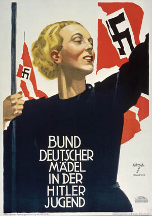 A young female with Aryan features is the centerpiece of this 1934 poster advertising the League of German Girls, an enterprise of the Hitler Youth. Adolescent women from across Germany joined the Nazi youth organization and were inculcated with party ideals. 