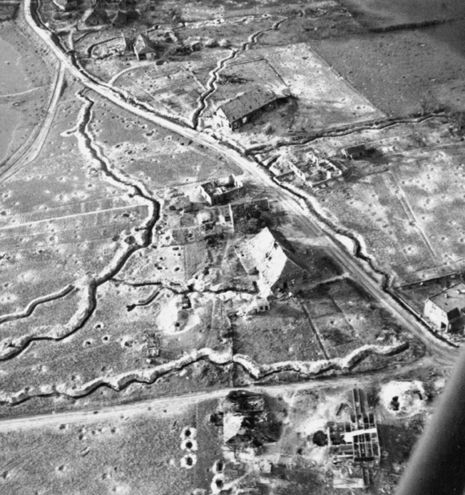 An Allied aerial reconnaissance photo reveals a farmhouse near the Siegfried Line, which the Germans have turned into a fortified strongpoint. Such positions were often reduced at great cost.