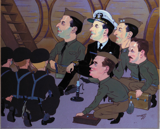 Clark and his party hide in a wine cellar during an unexpected visit from the local police. After evading capture, they returned to the Seraph. This drawing was done in 1943 by Algerian artist H. Kleiss for Captain Wright.
