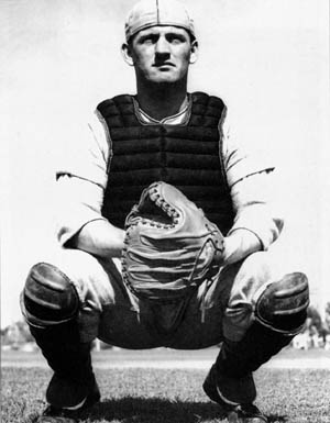 Airborne veteran Lynn "Buck" Compton is shown in his catcher's gear while playing baseball for UCLA. Compton proved himself a fine athlete and later played minor league baseball.