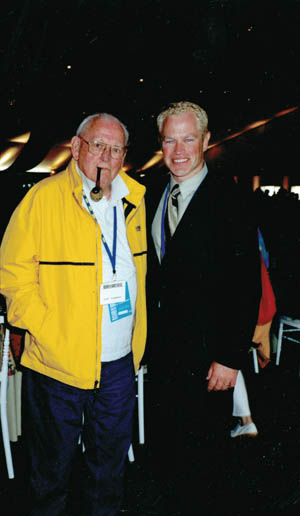 Former Lieutenant Lynn "Buck" Compton (left) poses with actor Neal Mc Donough, who portrayed him in the 2001 HBO miniseries Band of Brothers.