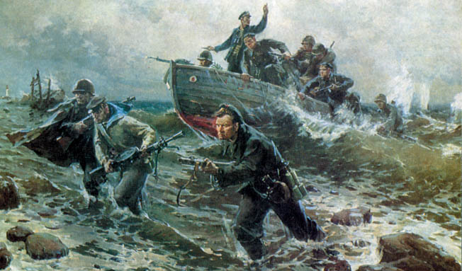 On December 26, 1941, the Soviets made several amphibious landings north of Kerch during their offensive. Since there were no appropriate landing craft available, they came ashore in whale boats and other makeshift boats. The 83rd Naval Brigade, depicted here, reinforced the landings later in the day.