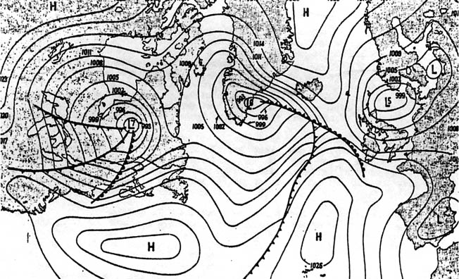 Captain Stagg’s weather chart for 1 pm GMT on June 6, 1944, shows a break in the storms raging over the English Channel.