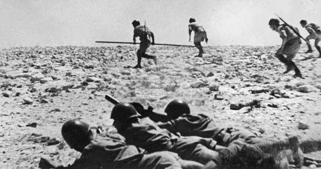 During a training exercise prior to the Battle of El Alamein, Italian soldiers engage in squad-level infantry maneuvers. The Italian soldier in North Africa fought bravely in spite of poor leadership and obsolete equipment.