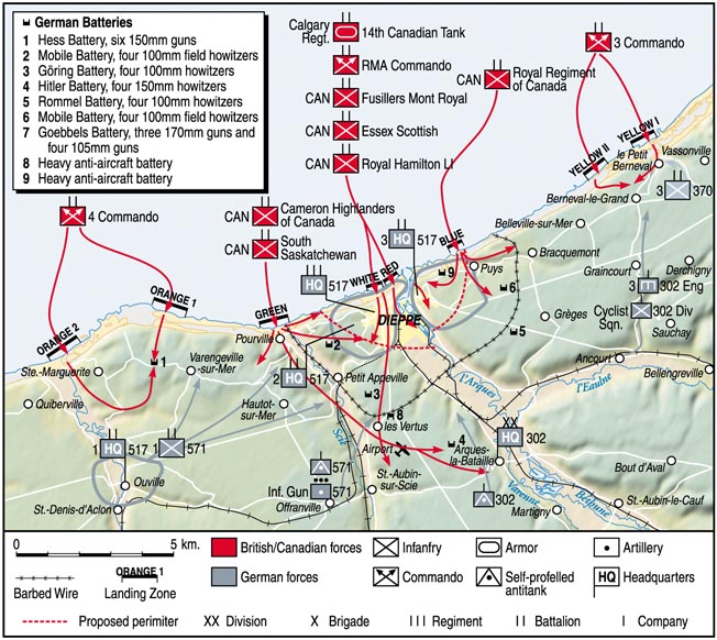 The Dieppe raid, August 19, 1942, sent the bulk of the invading force directly against the city itself.