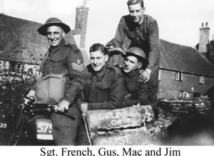 Three Royal Engineers posing jubilantly during the French campaign.